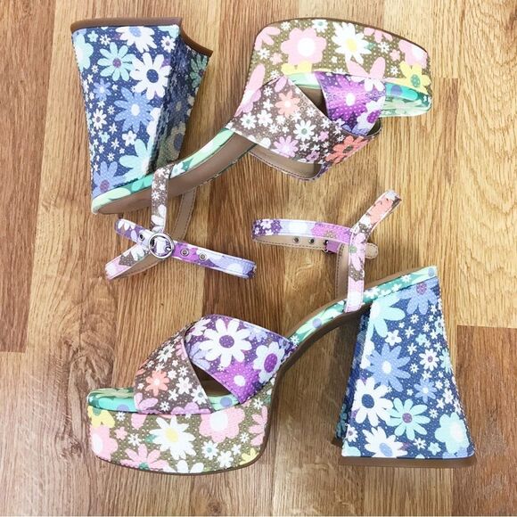 GIANNI BINI Ulti-Mate 70s Floral‎ Platform Sandals Strappy Chunky Heel Size 8.5 - Picture 10 of 12